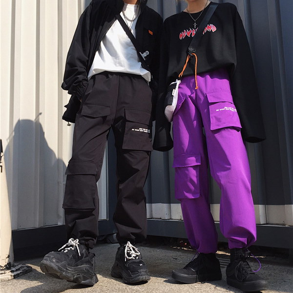 Qoo10 韓国ファッション ピープス女子 ジョガーパンツ カーゴパンツ ストリート 紫と黒2色 スニーカーと相性抜群 韓国ファッション ユニセックス メンズ レディース