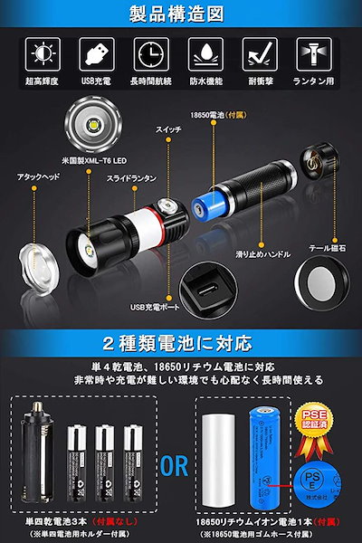 高級素材使用ブランド 屋外照明-2020最新版led懐中電灯電池式充電式乾電池強力ハンディライトUSB懐中電灯ランタン２IN１マグネット高輝度4モード 電池残量停電防災キャンプアウトドア - portalfhnsl.com.br