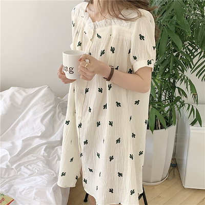 超目玉枠 ルームウェア 22コットンガーゼパジャマレディース半袖カーディガンサボテンネグリジェセット