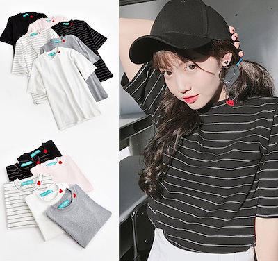 Qoo10 襟ハート Tシャツ 韓国ファッション レディース服