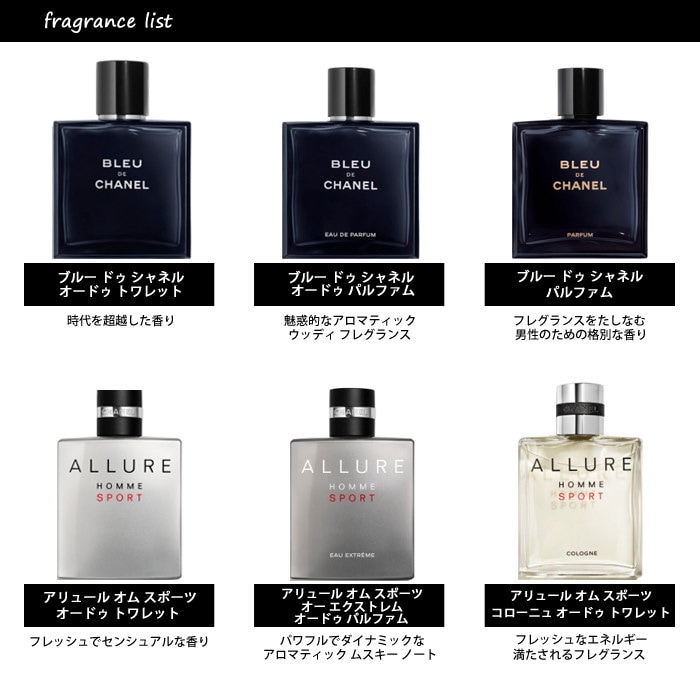 Qoo10 シャネル Chanel アトマイザー 選べる2本セット 各1 5ml 香水 メンズ エゴイスト プラチナム アリュール オム スポーツ ブルー ドゥ 他