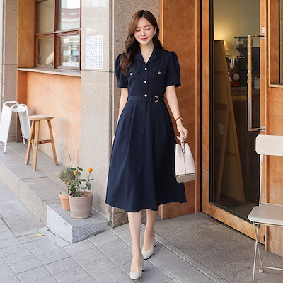 Qoo10 Op Dリングベルト付開襟ワンピース 韓国ファ レディース服