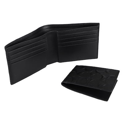 １着でも送料無料 Coach財布二つ折り財布メンズカードケース付き本革シグネチャーブラック黒f 財布