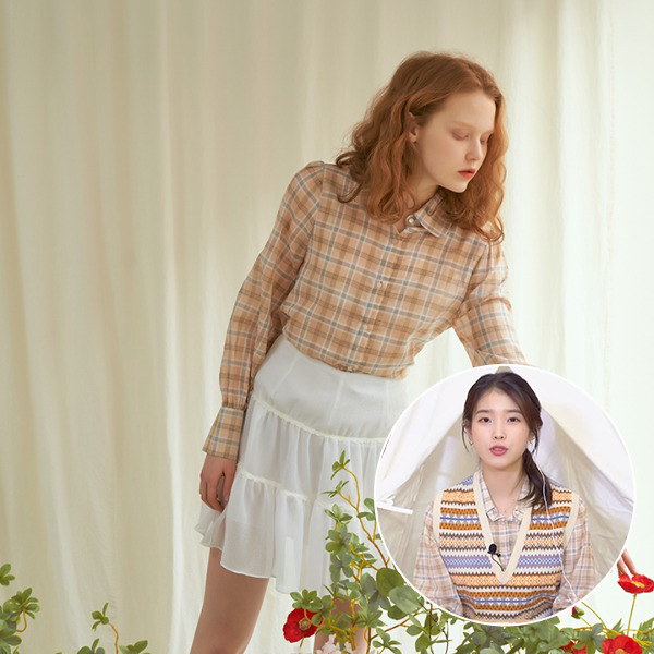 Qoo10 Letter From Moon公式iu着用 シースルー チェック シャツ オレンジピンクミント