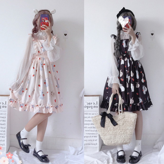 Qoo10 Lolitaロリ日常ワンピース 二次元 少女苺うさぎ可愛い サロペットスカート 無袖ワンピース ドット シフォンシャツセット