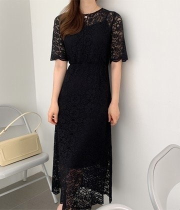 Qoo10 Partysu エレガントレースワンピース 韓国ファッション レディース ワンピース ワンピ ドレス エレガント レース シースルー インナ付き ロープストラップ スリット 結婚式 二次会 パー