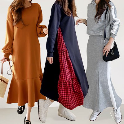Qoo10 Sale 裏起毛 ロング丈ワンピース レディース服