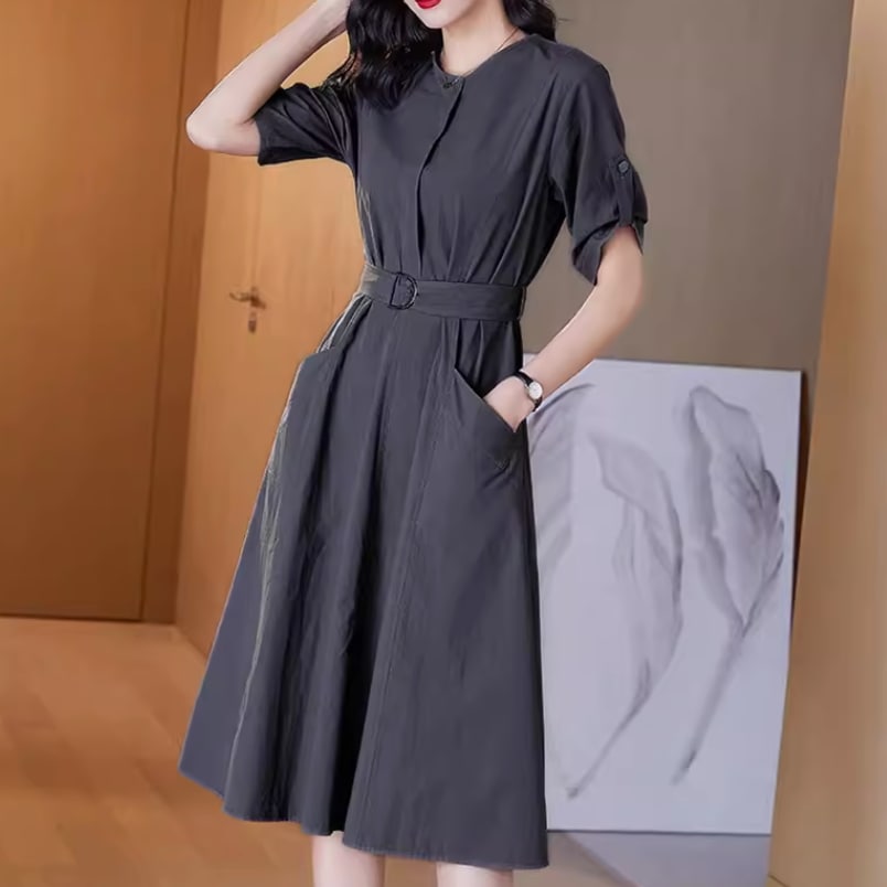 レディース ワンピース ロングスカート ミモレ 半袖 ラウンドネック 襟なし Aライン ベルト ウエストマーク ポケット ハイウエスト 薄手 ベルト付き かわいい 大人可愛い きれいめ シンプル レディース ワンピース ロングスカート ミモレ 半袖 ラウンドネック 襟なし Aライン ベルト ウエストマーク ポケット ハイウエスト 薄手 ベルト付き かわいい 大人可愛い きれいめ シンプル