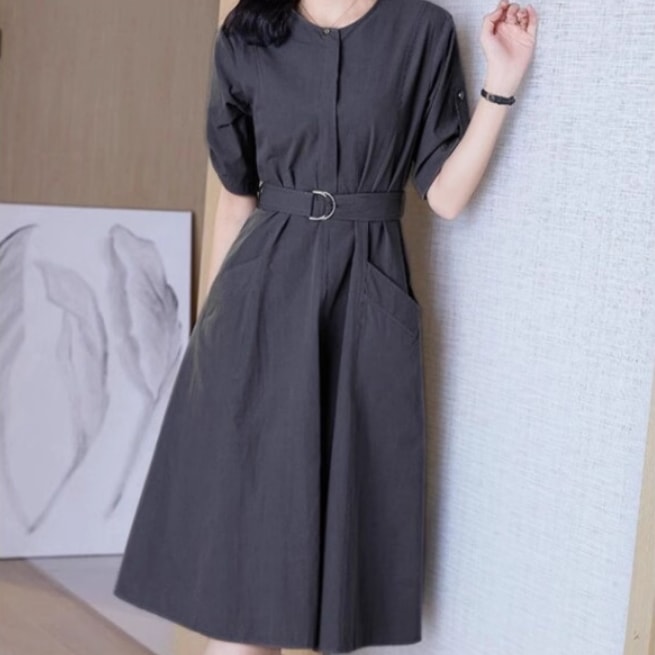 レディース ワンピース ロングスカート ミモレ 半袖 ラウンドネック 襟なし Aライン ベルト ウエストマーク ポケット ハイウエスト 薄手 ベルト付き かわいい 大人可愛い きれいめ シンプル レディース ワンピース ロングスカート ミモレ 半袖 ラウンドネック 襟なし Aライン ベルト ウエストマーク ポケット ハイウエスト 薄手 ベルト付き かわいい 大人可愛い きれいめ シンプル