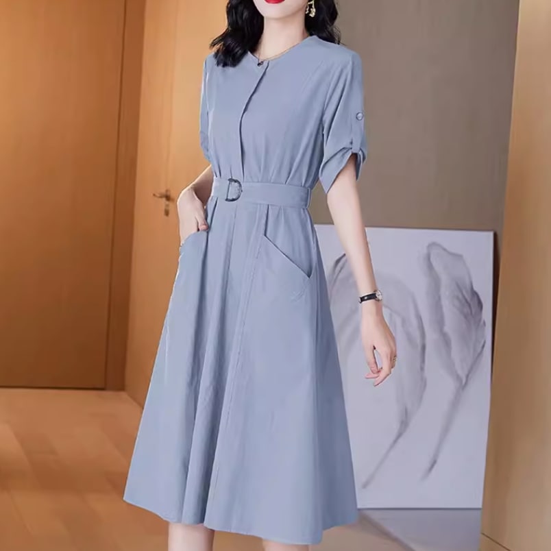 レディース ワンピース ロングスカート ミモレ 半袖 ラウンドネック 襟なし Aライン ベルト ウエストマーク ポケット ハイウエスト 薄手 ベルト付き かわいい 大人可愛い きれいめ シンプル レディース ワンピース ロングスカート ミモレ 半袖 ラウンドネック 襟なし Aライン ベルト ウエストマーク ポケット ハイウエスト 薄手 ベルト付き かわいい 大人可愛い きれいめ シンプル