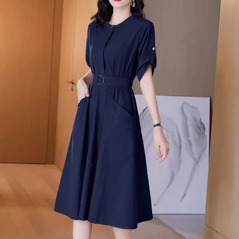 レディース ワンピース ロングスカート ミモレ 半袖 ラウンドネック 襟なし Aライン ベルト ウエストマーク ポケット ハイウエスト 薄手 ベルト付き かわいい 大人可愛い きれいめ シンプル レディース ワンピース ロングスカート ミモレ 半袖 ラウンドネック 襟なし Aライン ベルト ウエストマーク ポケット ハイウエスト 薄手 ベルト付き かわいい 大人可愛い きれいめ シンプル