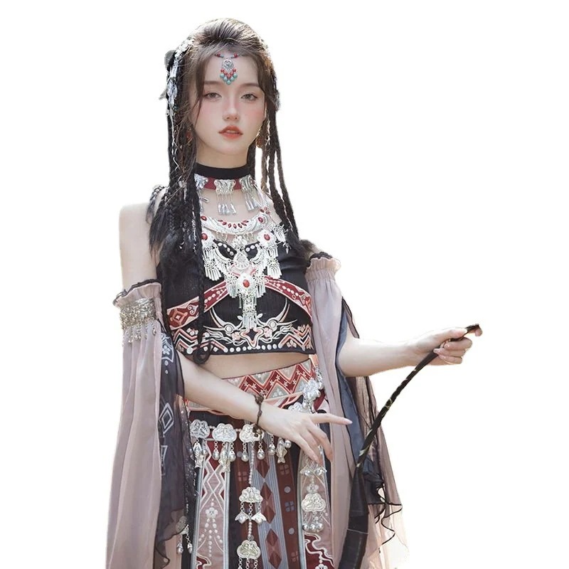 少数民族の衣装エキゾチックな漢服黒のハニプリント刺繍入りシルバー