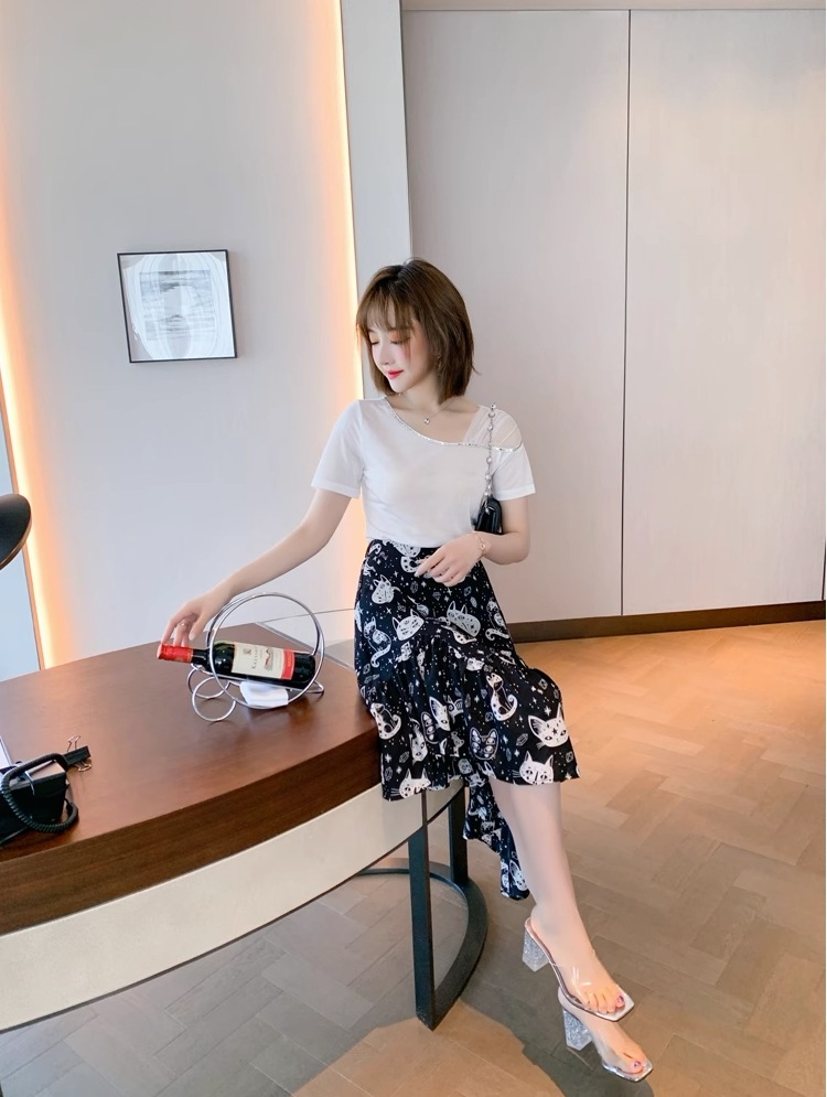 2点セット レディース スカート トップス シャツ セットアップ プリーツスカート ロングスカート ロング 半袖 ラウンドネック ストレート Aライン プリーツ 大人可愛い カジュアル 上品