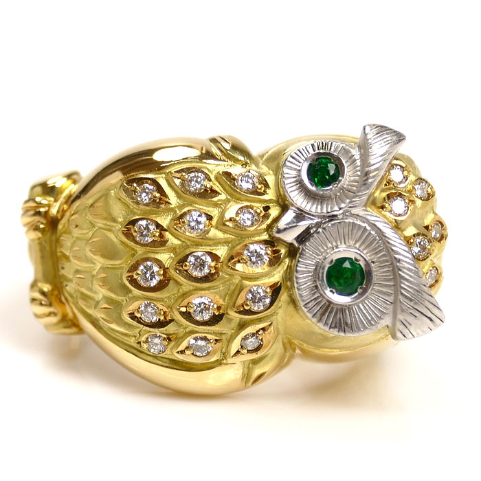 梶光夫 K18YG イエローゴールド Pt900プラチナ ダイヤ エメラルド リング・指輪 ダイヤモンド0.19ct エメラルド0.07ct 14号 14.3g レディース 中古 美品