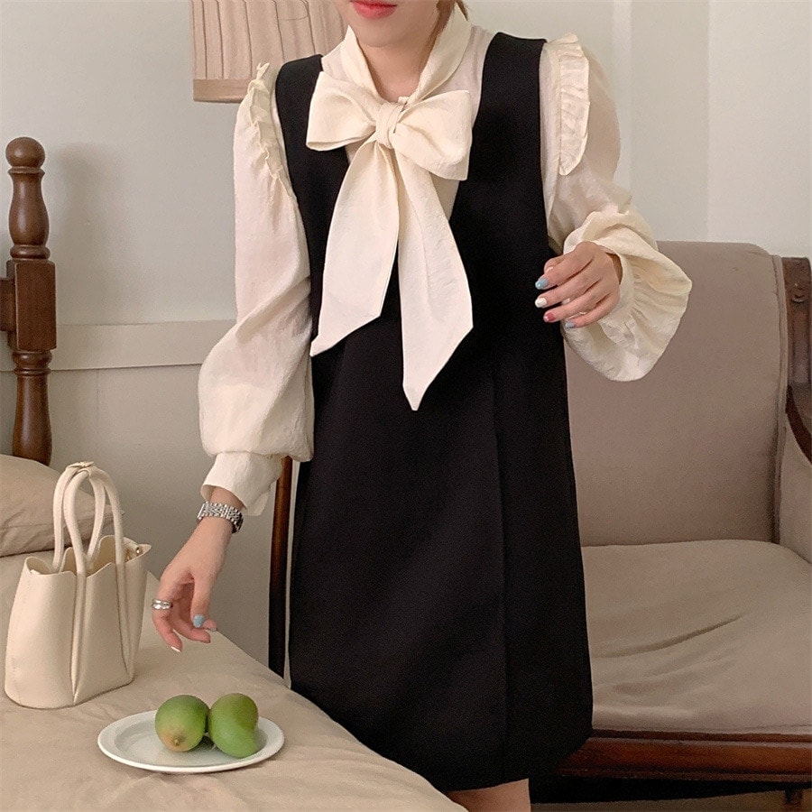 ブラウスボウタイワンピースセットアップレディース春春春冬春おしゃれかわいいきれいめパフスリーブ長袖白黒トップスシャツジャンパースカートミニ2点セット透け感フリルぽわ ブラウスボウタイワンピースセットアップレディース春春春冬春おしゃれかわいいきれいめパフスリーブ長袖白黒トップスシャツジャンパースカートミニ2点セット透け感フリルぽわ
