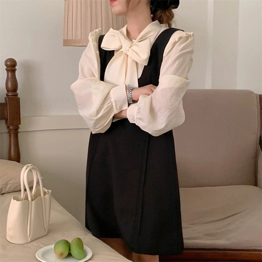 ブラウスボウタイワンピースセットアップレディース春春春冬春おしゃれかわいいきれいめパフスリーブ長袖白黒トップスシャツジャンパースカートミニ2点セット透け感フリルぽわ ブラウスボウタイワンピースセットアップレディース春春春冬春おしゃれかわいいきれいめパフスリーブ長袖白黒トップスシャツジャンパースカートミニ2点セット透け感フリルぽわ