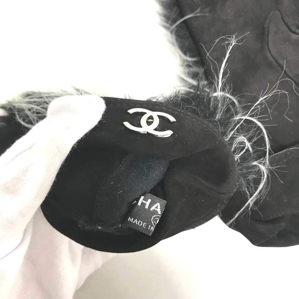 手袋 ファー CC ココマーク ミトン グローブ スエード ブラック