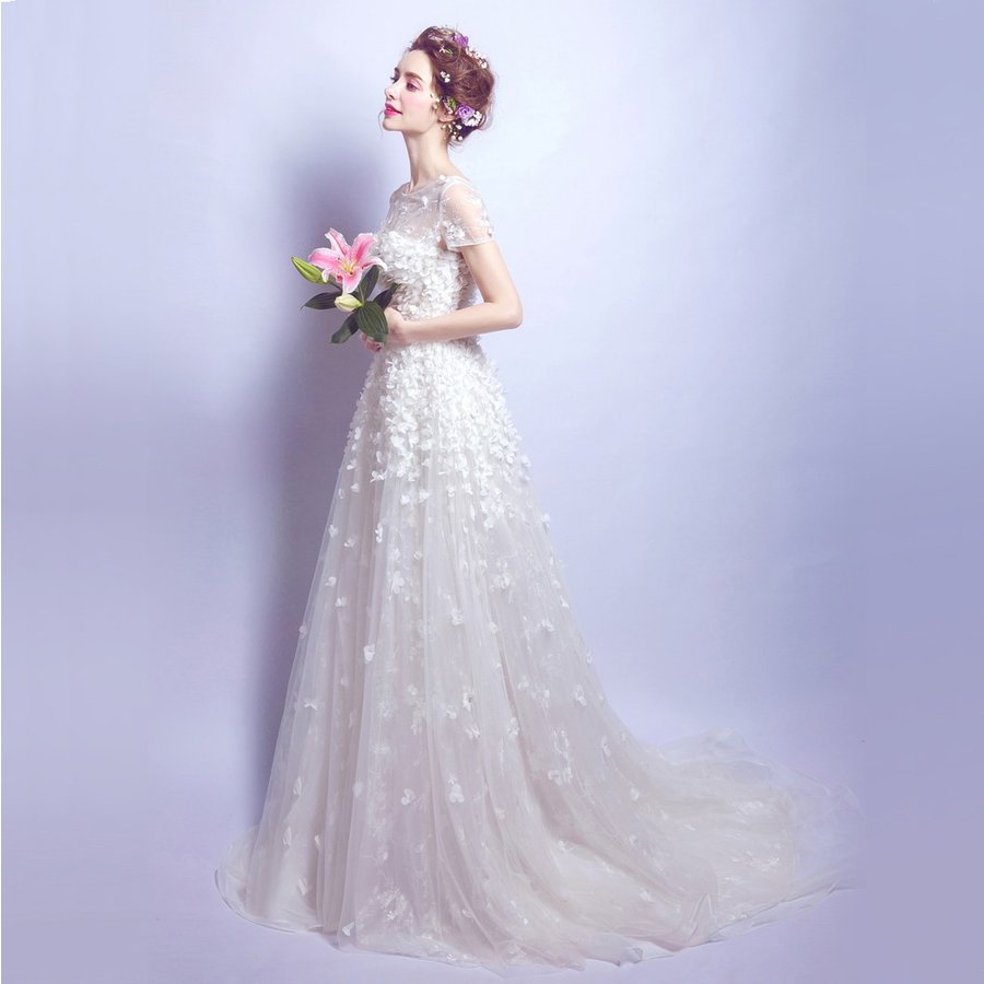 ウェディングドレス 二次会 安い 半袖 ブライダル 花嫁 ウエディングドレス 結婚式 ロングドレス 白 二次会 披露宴 演奏会 発表会 スレンダードレス 着痩せ