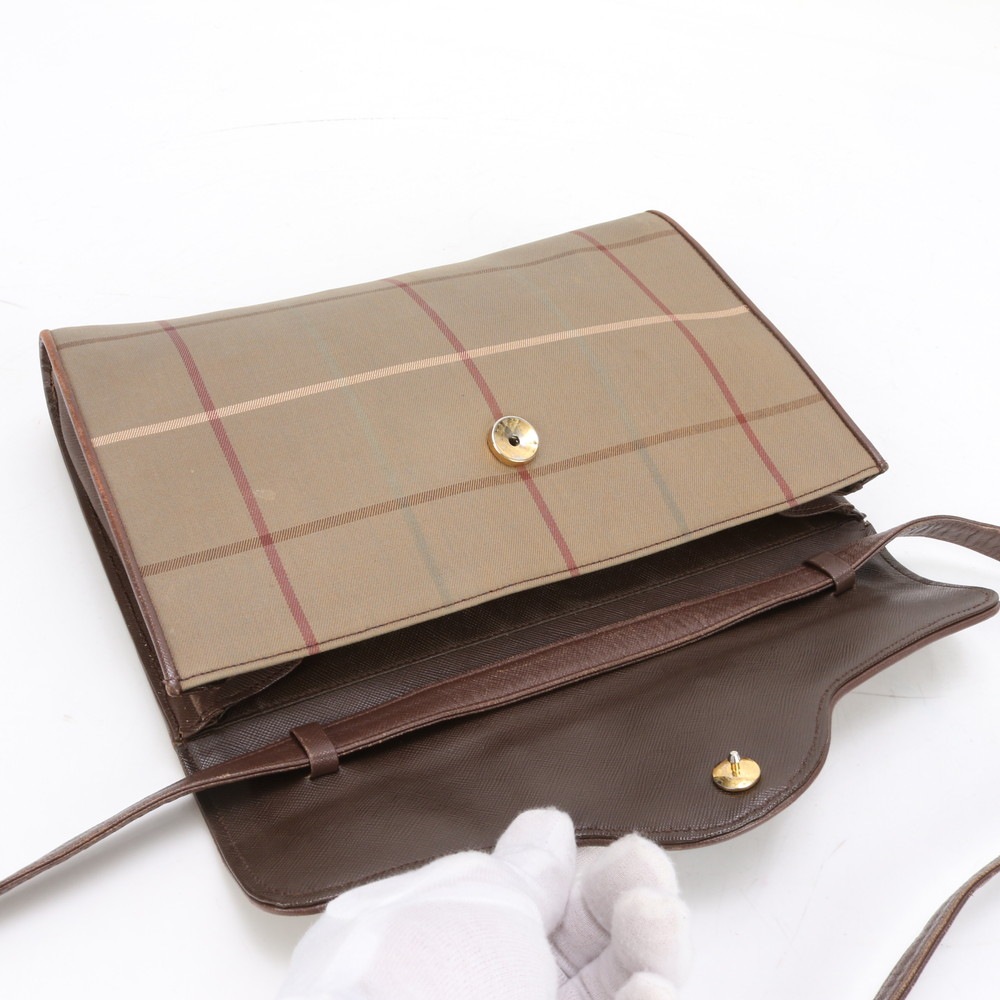 美品 ノバ チェック レザー×キャンバス ショルダーバッグ 肩掛け トート ハンド ブラウン 茶色 レディース MMM BG12-4 中古