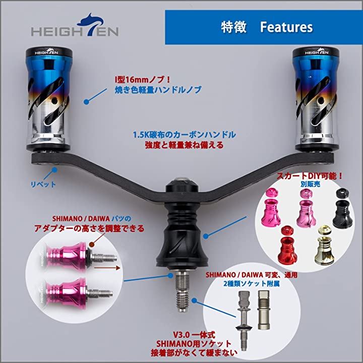90mm リール ハンドル 16mm ノブ 搭載 シマノ ダイワ 通用 1.5K炭素布 カーボンクランク スピニングリール用 Vortex Series 501(ブラック)