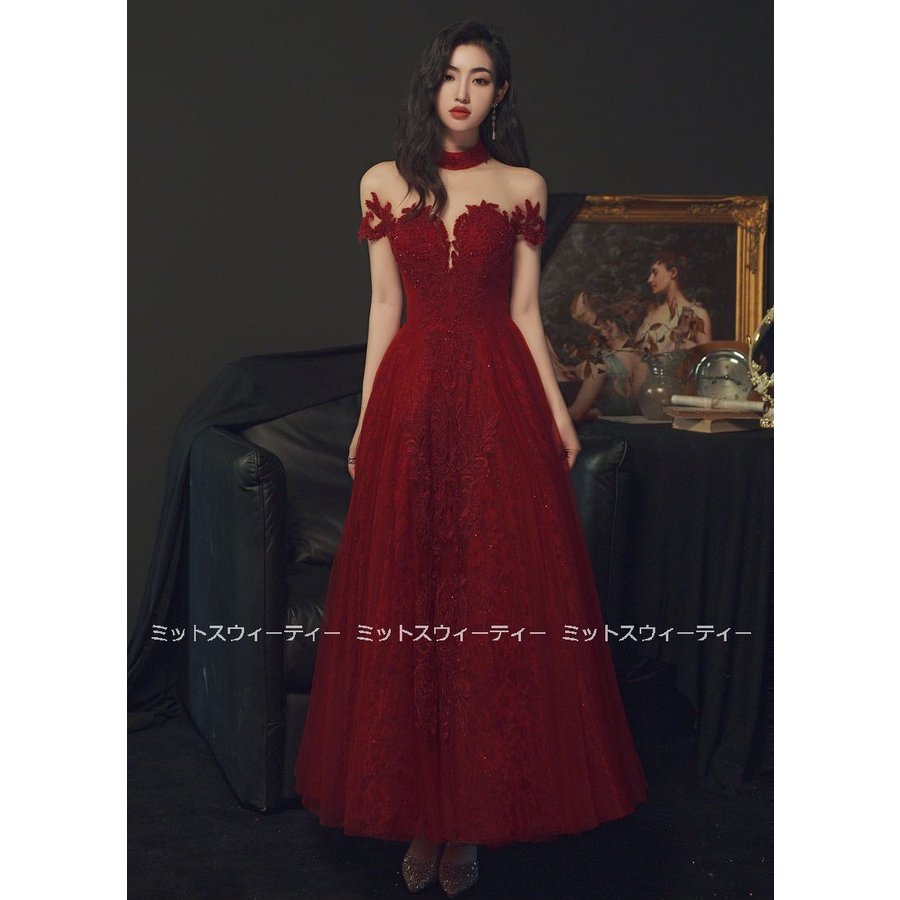 パーティードレス ロングドレス カラードレス 赤 レッド フォーマルドレス 結婚式 二次会 Aライン