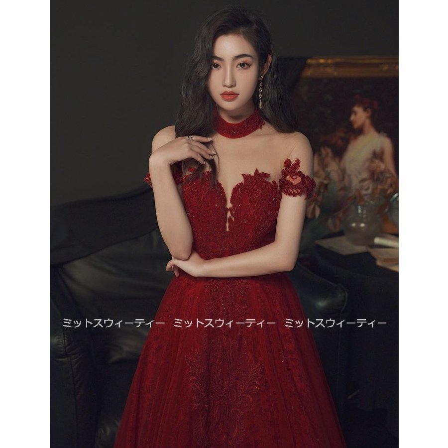 パーティードレス ロングドレス カラードレス 赤 レッド フォーマルドレス 結婚式 二次会 Aライン