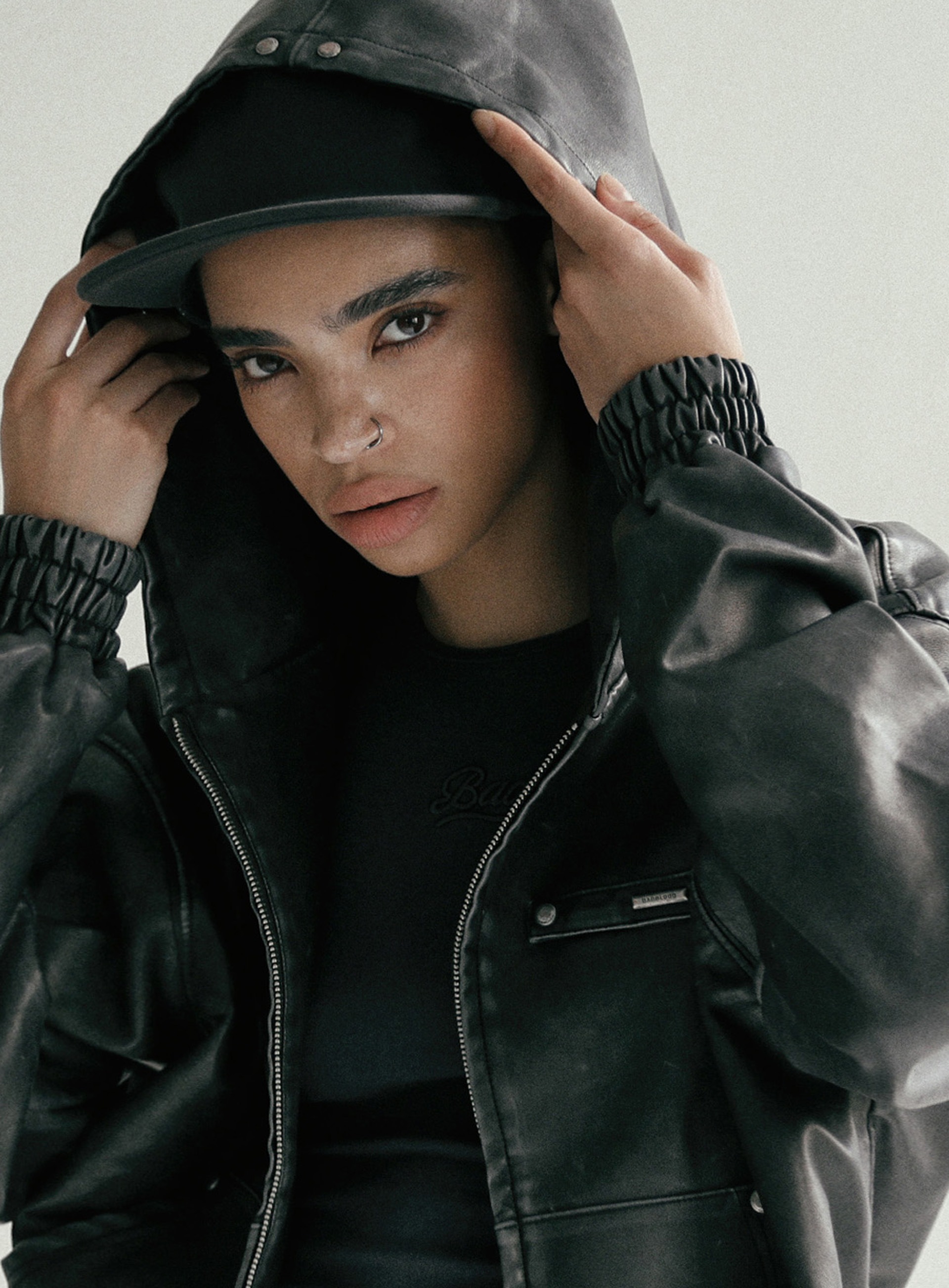 アウターその他 BADBLOOD Washed leather hood zip-up black BADBLOOD】 WASHED LEATHER HOOD ZIP-UP : BLACK その他 アウター