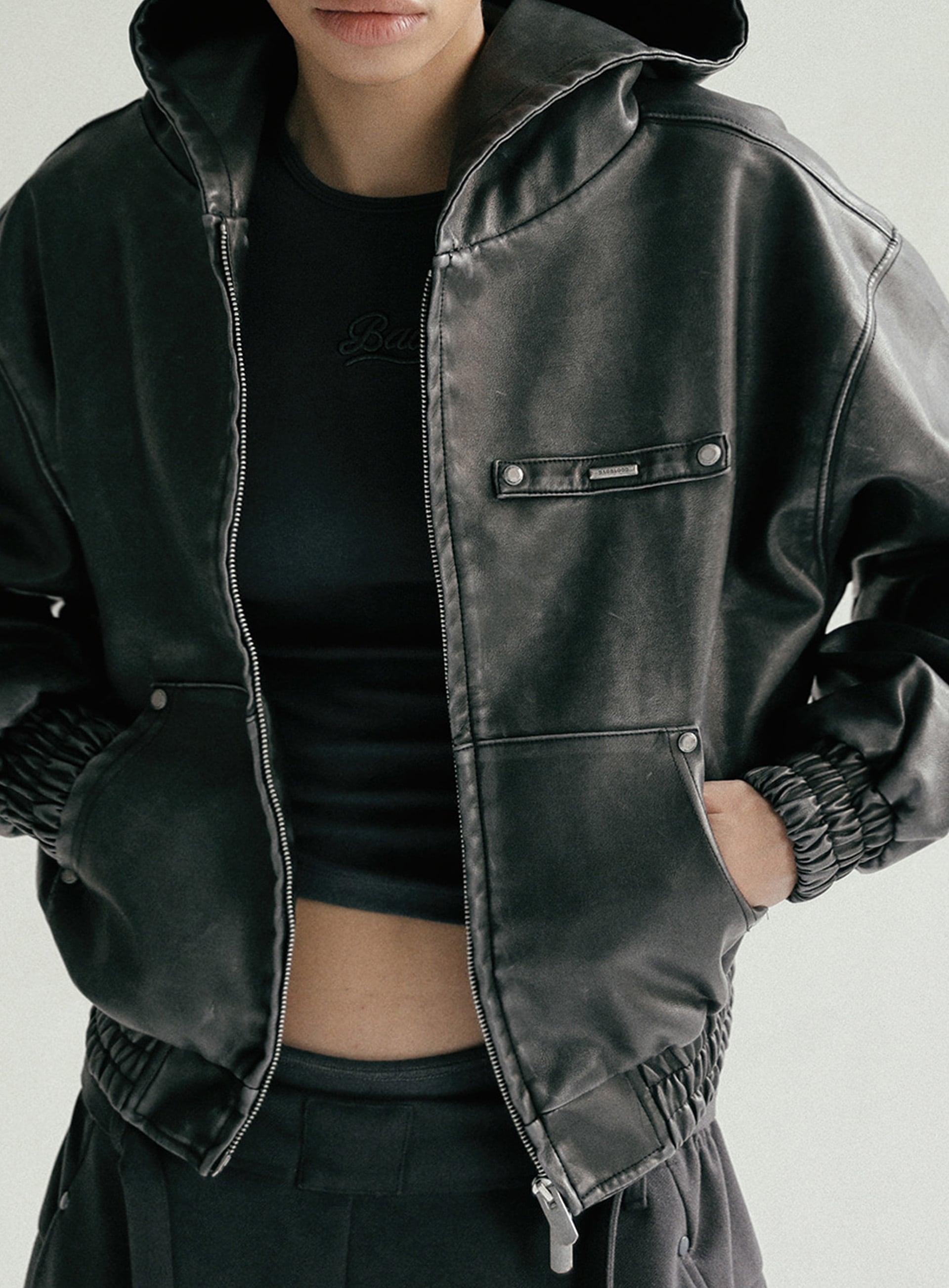アウターその他 BADBLOOD Washed leather hood zip-up black BADBLOOD】 WASHED LEATHER HOOD ZIP-UP : BLACK その他 アウター