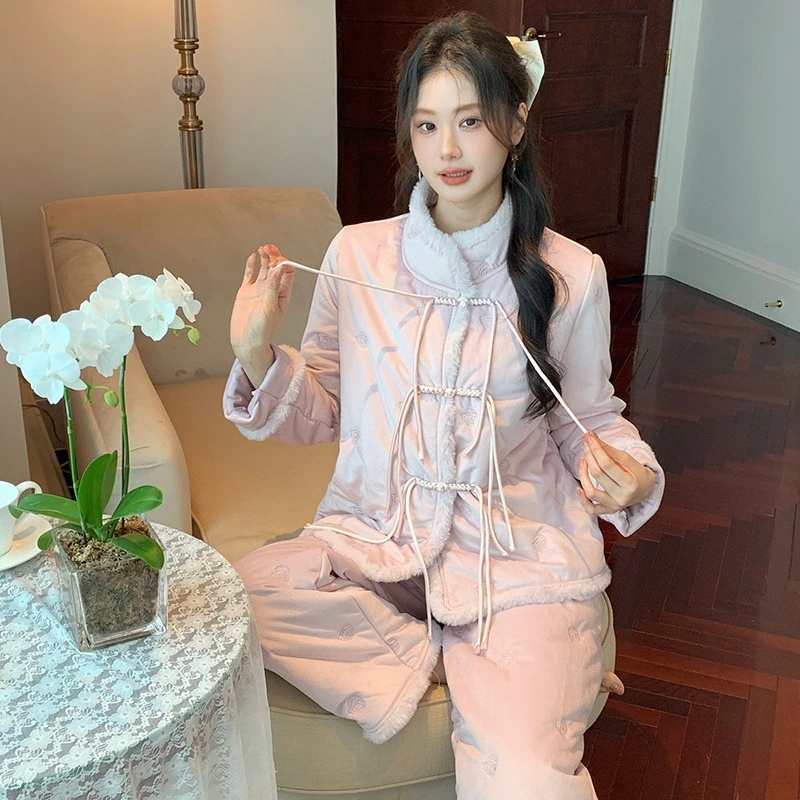人気ルームウェア セットアップ 冬 パジャマ女性秋冬スタンドカラーセット厚手部屋着冬は外着可 可愛い パジャマ レディース 秋冬 韓国 部屋着