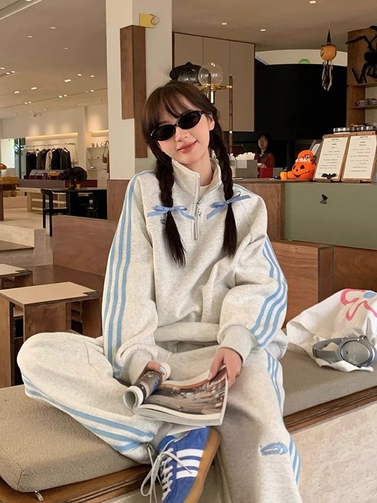 24 韓国 かわいい 2点セット 厚手裹起毛レディース 長袖アウターレトロ黑白上下ハーフサイズ丈トップスカジュアルスポーツファッション系通学学生袖お出かけアップシルエットサイドトラック羽織8