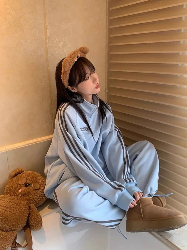 24 韓国 かわいい 2点セット 厚手裹起毛レディース 長袖アウターレトロ黑白上下ハーフサイズ丈トップスカジュアルスポーツファッション系通学学生袖お出かけアップシルエットサイドトラック羽織8