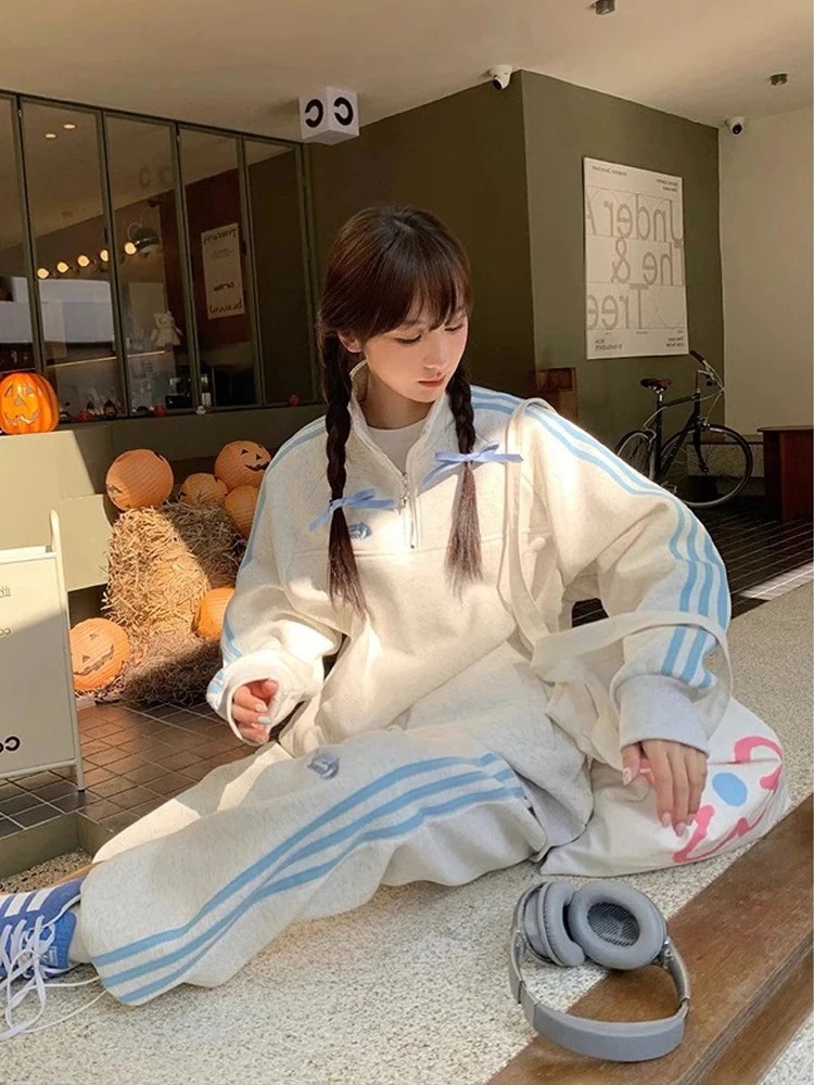 24 韓国 かわいい 2点セット 厚手裹起毛レディース 長袖アウターレトロ黑白上下ハーフサイズ丈トップスカジュアルスポーツファッション系通学学生袖お出かけアップシルエットサイドトラック羽織8