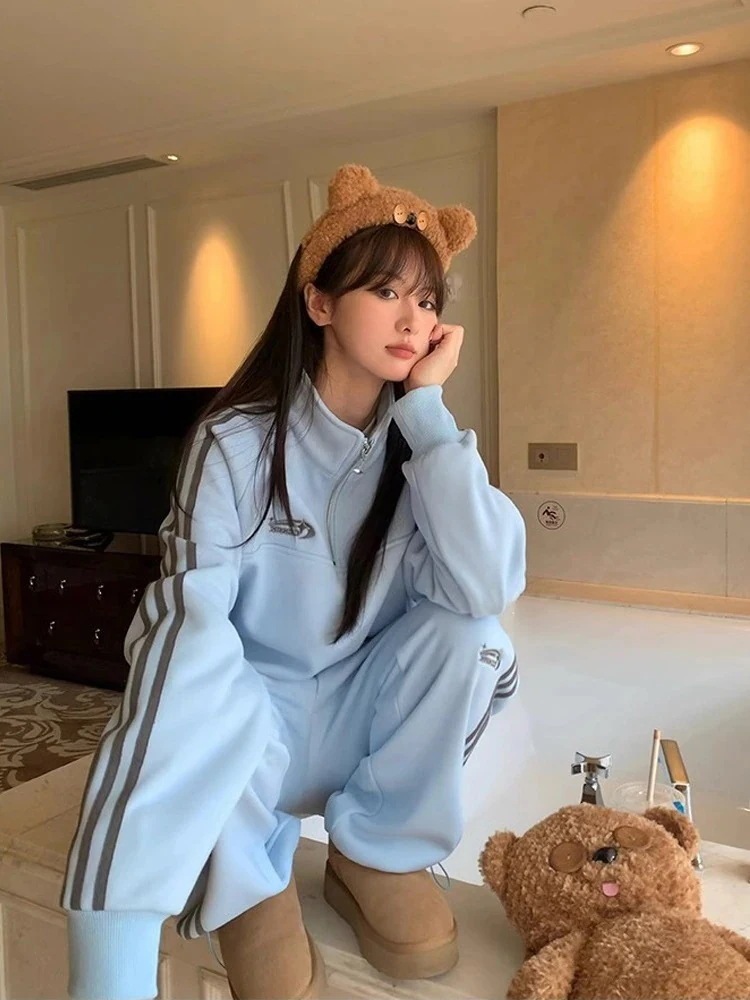 24 韓国 かわいい 2点セット 厚手裹起毛レディース 長袖アウターレトロ黑白上下ハーフサイズ丈トップスカジュアルスポーツファッション系通学学生袖お出かけアップシルエットサイドトラック羽織8