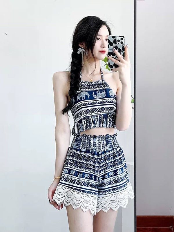 タンキニ 水着 キャミソール 五分袖 ラッシュガード クロシェ編み フリンジ レースアップ 三角ビキニ ホルターネック ボーイレッグ ワイヤーあり パッド付 レディース 体型カバー 海 プール リゾー