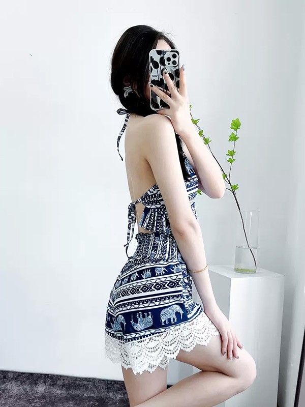 タンキニ 水着 キャミソール 五分袖 ラッシュガード クロシェ編み フリンジ レースアップ 三角ビキニ ホルターネック ボーイレッグ ワイヤーあり パッド付 レディース 体型カバー 海 プール リゾー