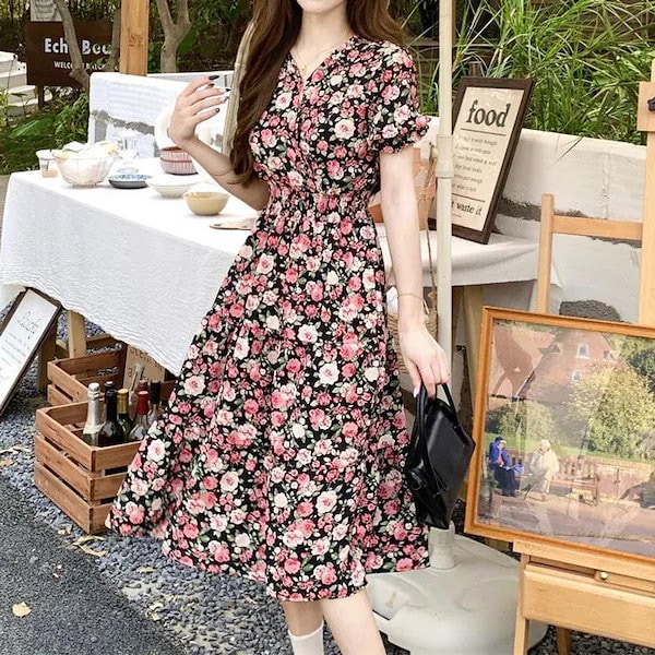 花柄ロングワンピース 半袖 花柄半袖ロングワンピース | Rlab store