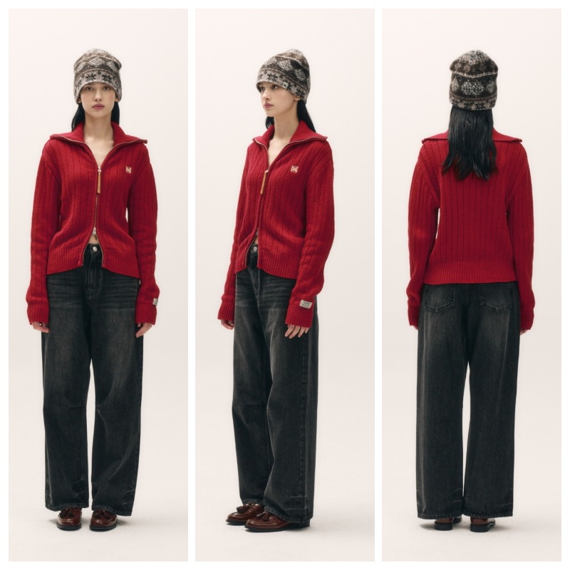 SATUR】 (W) FARO BOUCLE KNIT ZIP-UP : RED