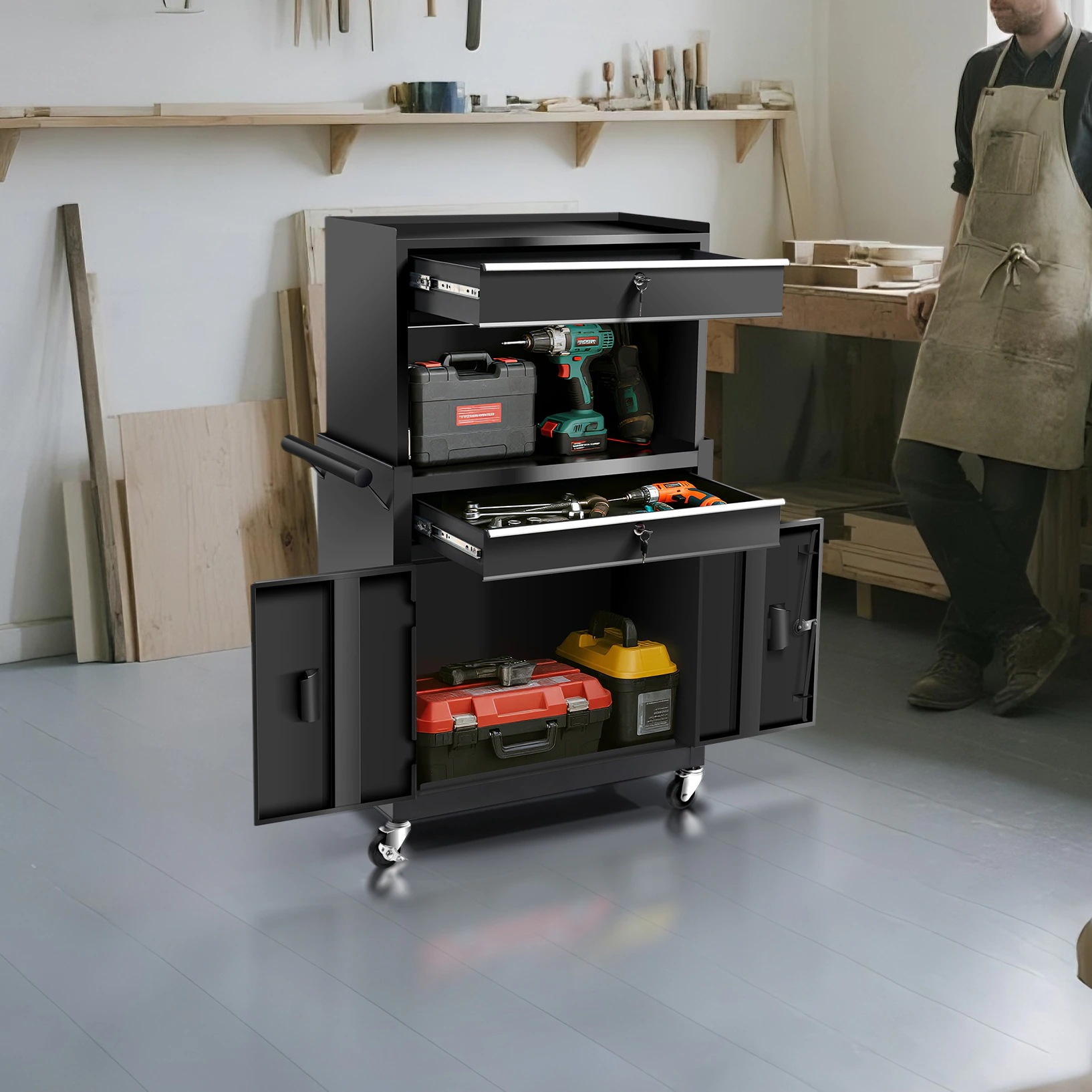 2050ツールキャビネット 多機能 ツールワゴン ツールカート工具カート ロールキャビネット スチール ローラーキャビネット ハンドル W76×D37×H117cm DIY 引き出し 有孔ボード付き