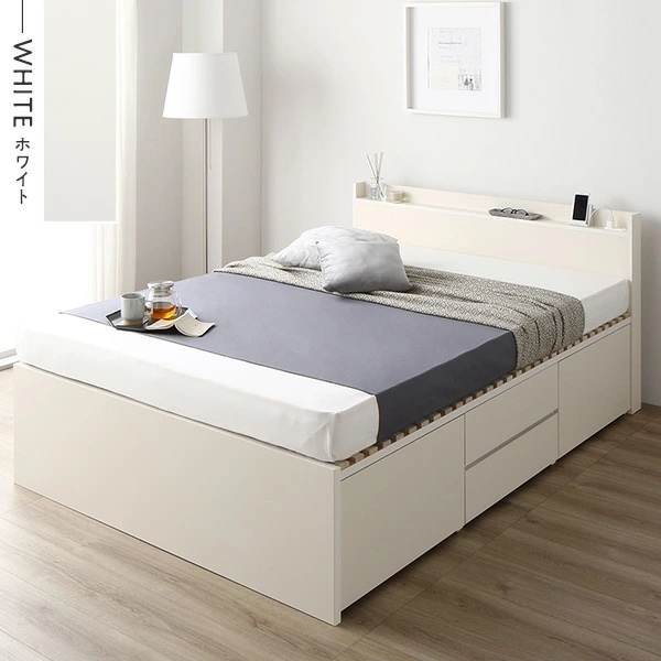 [組立設置付]収納ベッド セミダブル 国産薄型ポケットコイルマットレス付 ホワイト AAB 棚付