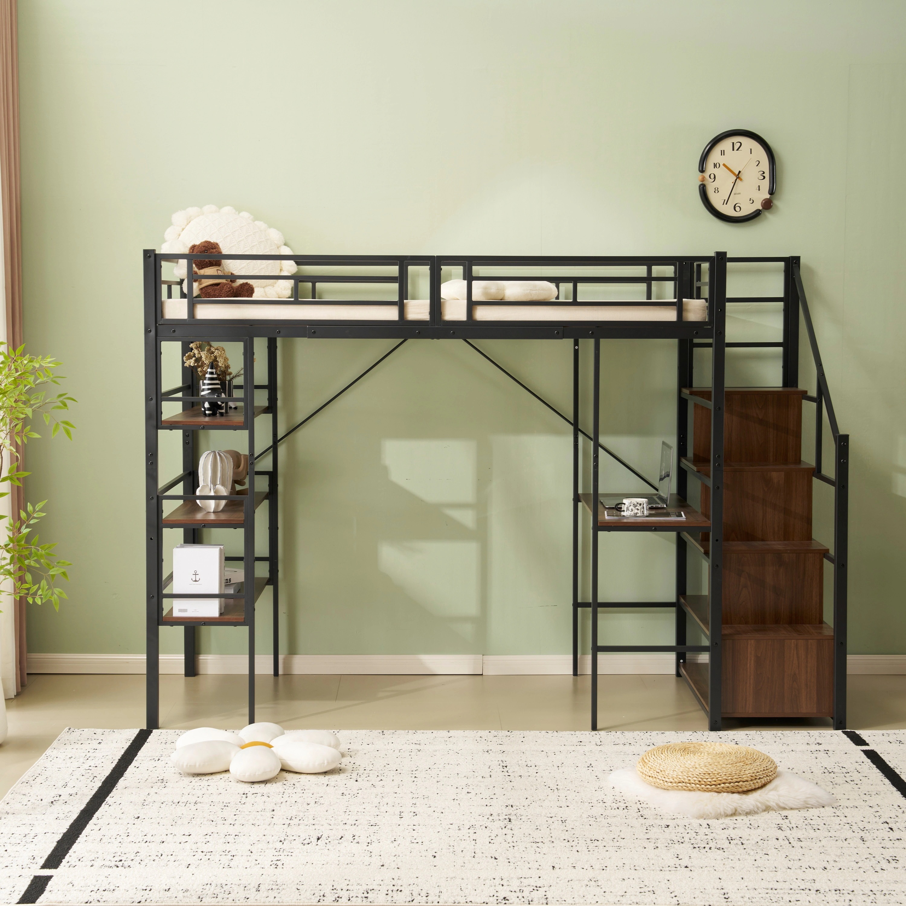 ロフトベッド パイプベッド シングル デスク付き 収納棚 階段付き 左右入れ替え可能 収納 大人 一人暮らし 子供ベッド 北欧風 二段ベッド 子供部屋 スチール 耐震 パイプ 金属