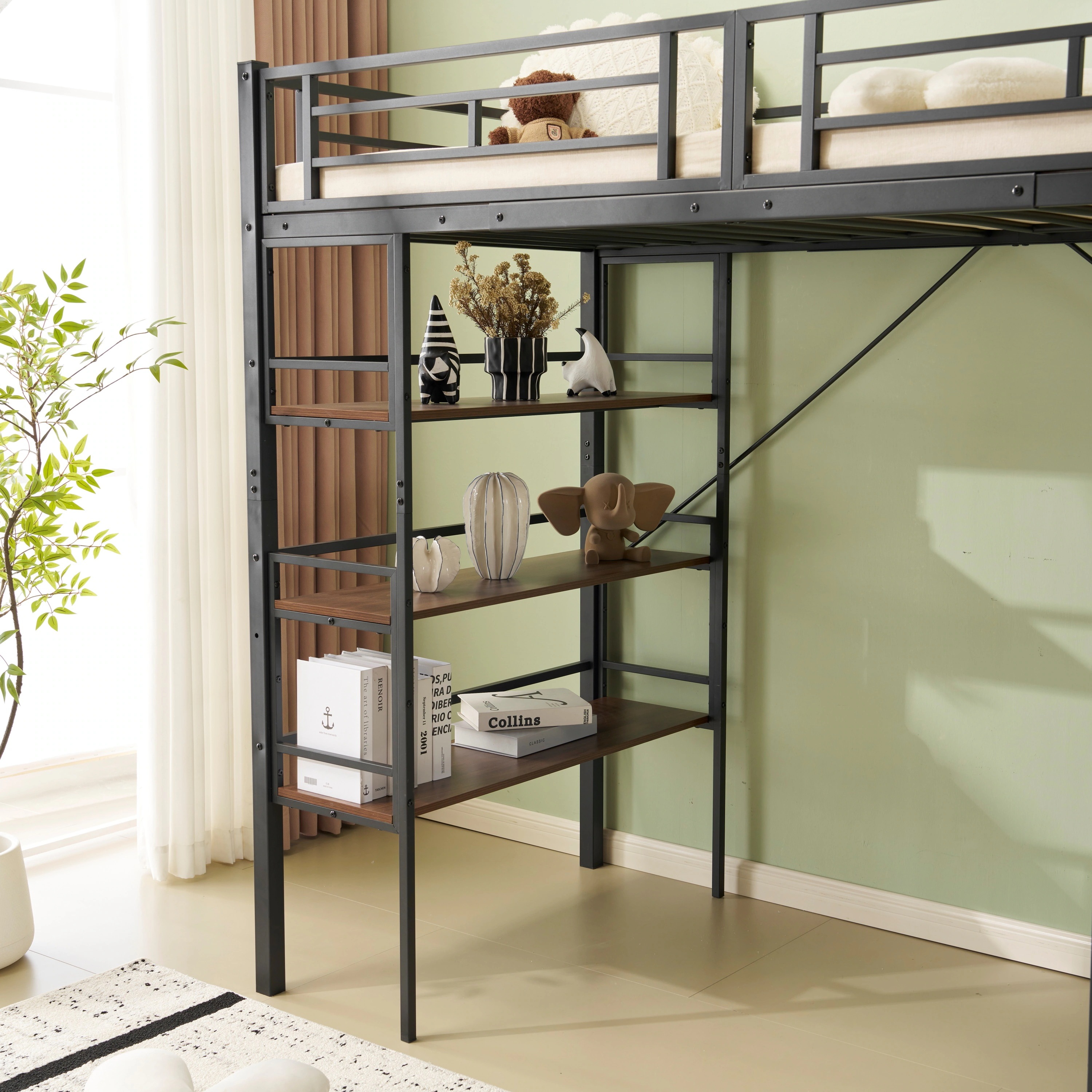 ロフトベッド パイプベッド シングル デスク付き 収納棚 階段付き 左右入れ替え可能 収納 大人 一人暮らし 子供ベッド 北欧風 二段ベッド 子供部屋 スチール 耐震 パイプ 金属
