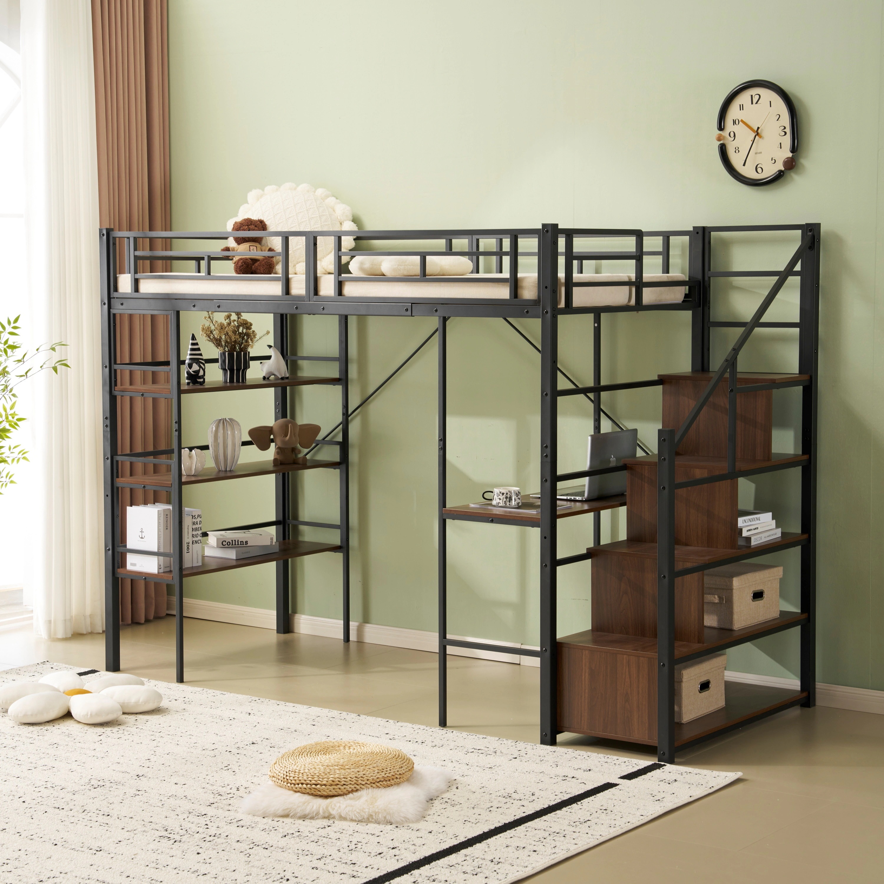 ロフトベッド パイプベッド シングル デスク付き 収納棚 階段付き 左右入れ替え可能 収納 大人 一人暮らし 子供ベッド 北欧風 二段ベッド 子供部屋 スチール 耐震 パイプ 金属