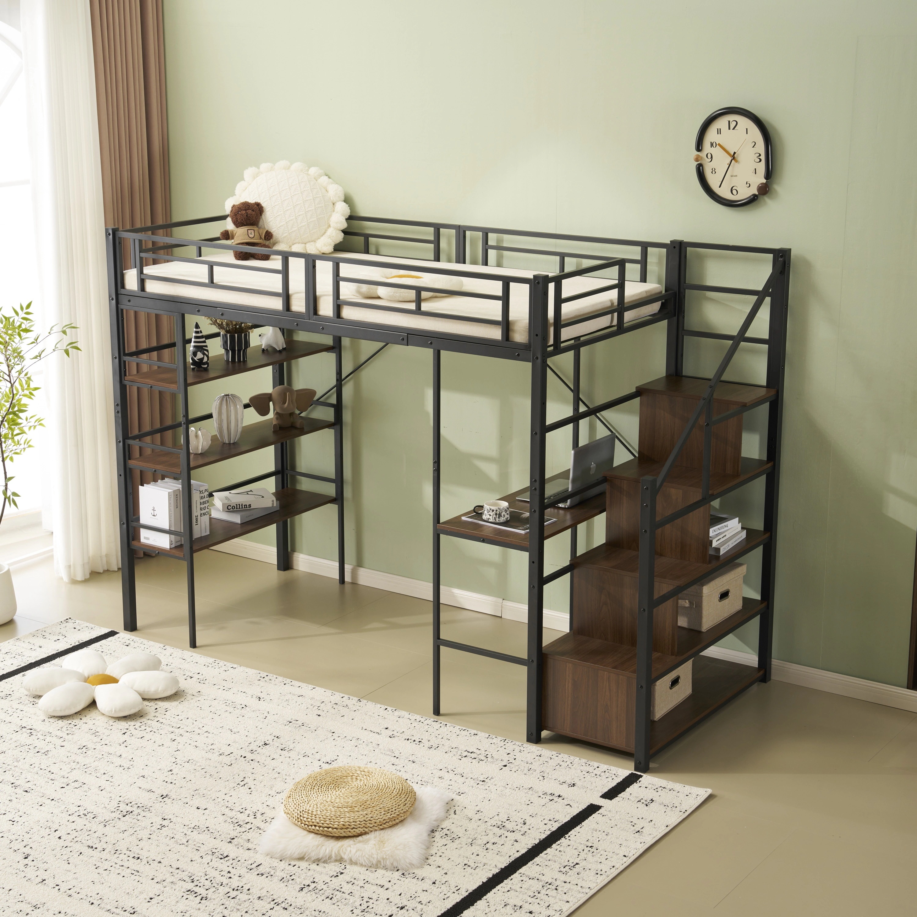 ロフトベッド パイプベッド シングル デスク付き 収納棚 階段付き 左右入れ替え可能 収納 大人 一人暮らし 子供ベッド 北欧風 二段ベッド 子供部屋 スチール 耐震 パイプ 金属