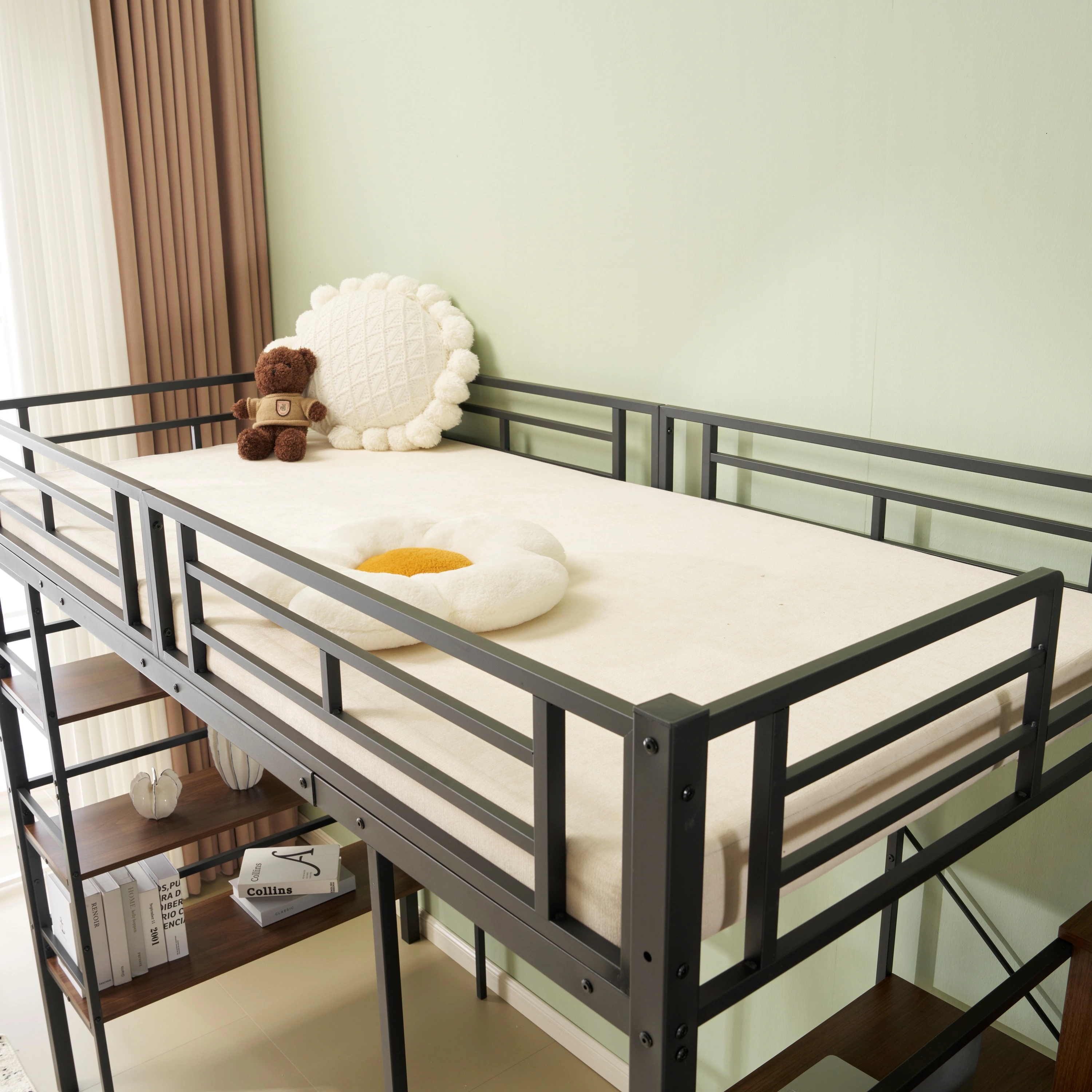 ロフトベッド パイプベッド シングル デスク付き 収納棚 階段付き 左右入れ替え可能 収納 大人 一人暮らし 子供ベッド 北欧風 二段ベッド 子供部屋 スチール 耐震 パイプ 金属