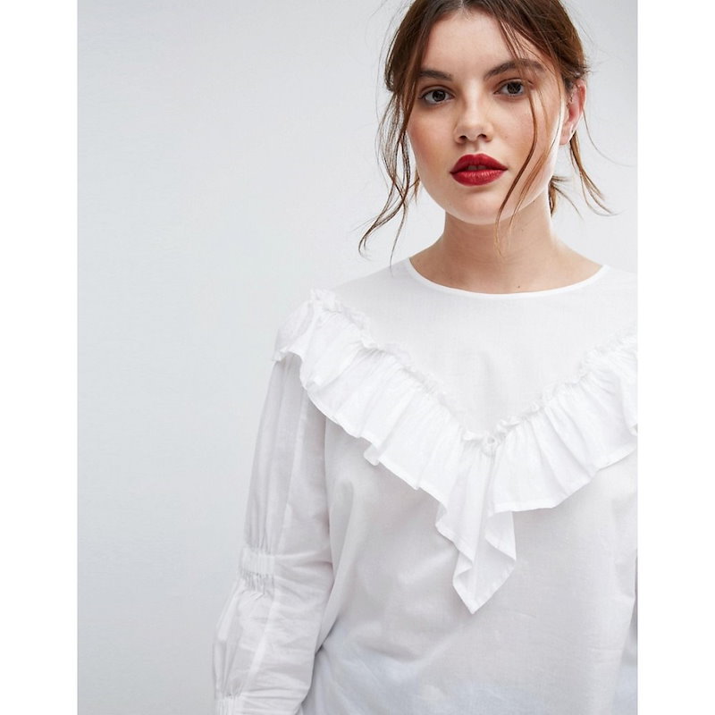 エイソス レディース トップス【ASOS CURVE Cotton Top with Frill Detail & Ruched Sleeve】White エイソス レディース トップス【ASOS CURVE Cotton Top with Frill Detail & Ruched Sleeve】White