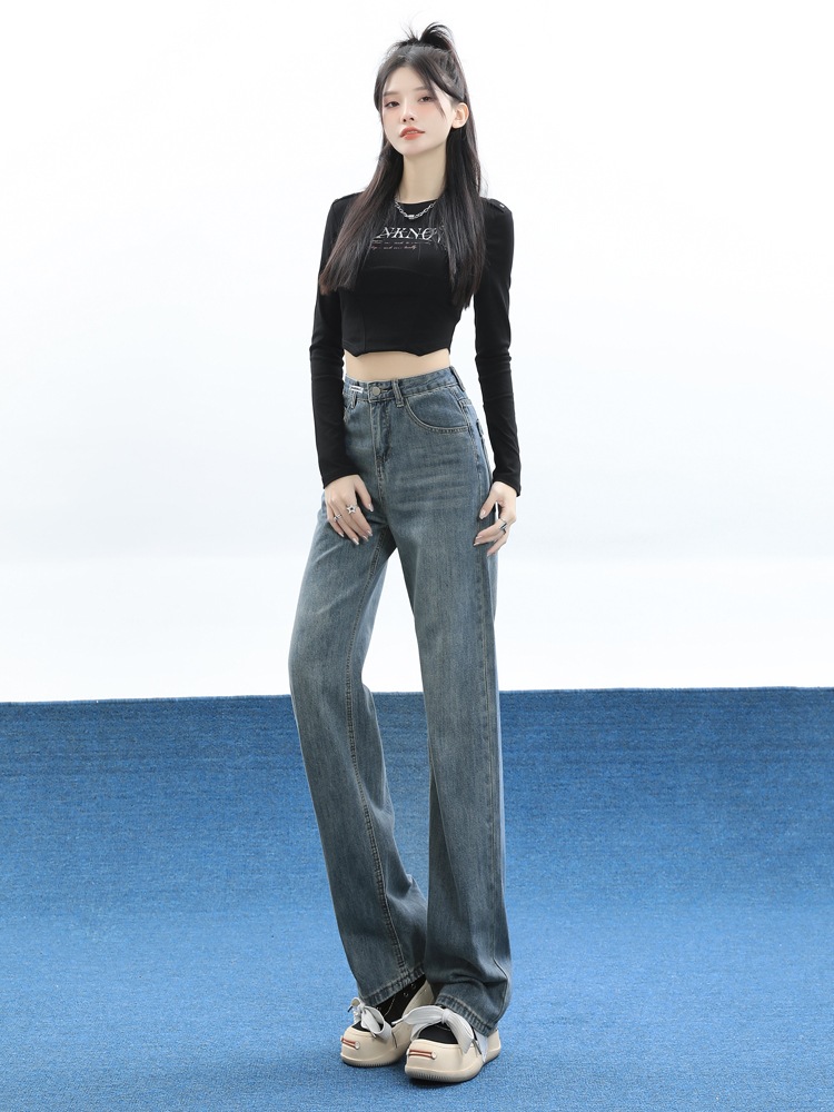 ハイウエストワイドジーンズ女性秋の新しい緩い狭いバージョンのレトロなアメリカンスタイルの細いストレートドラッグパンツ