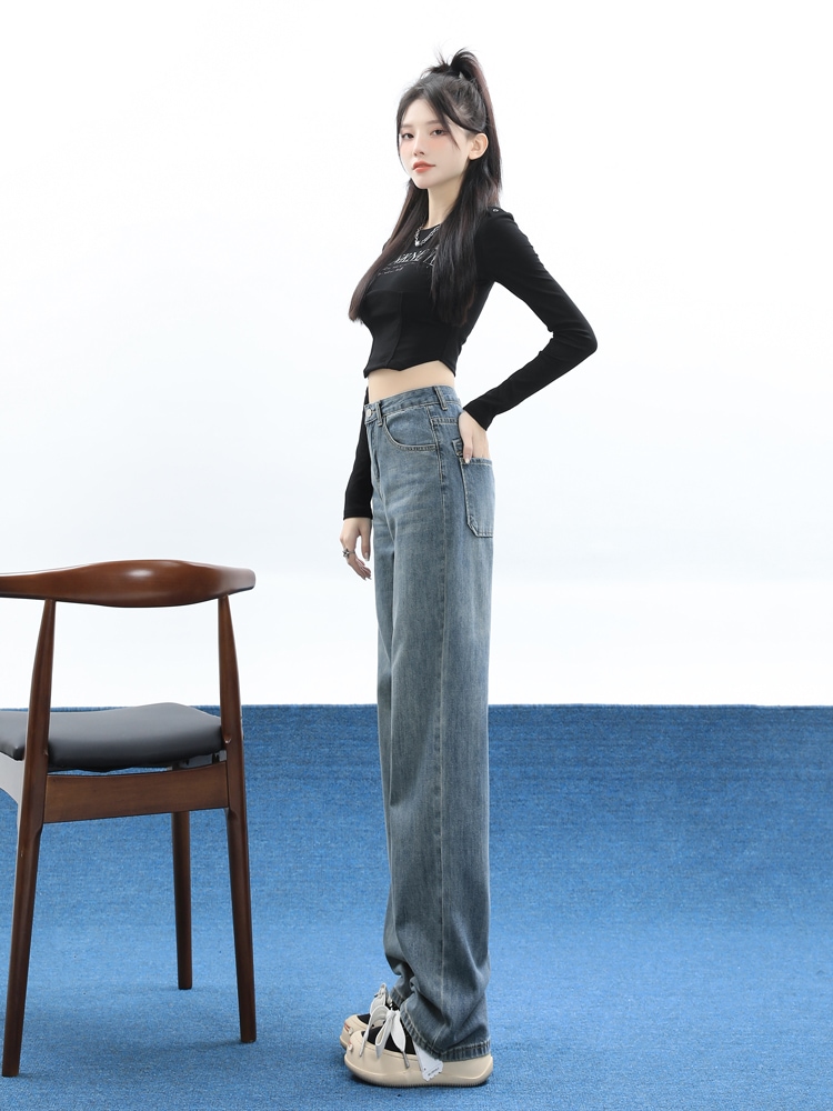 ハイウエストワイドジーンズ女性秋の新しい緩い狭いバージョンのレトロなアメリカンスタイルの細いストレートドラッグパンツ