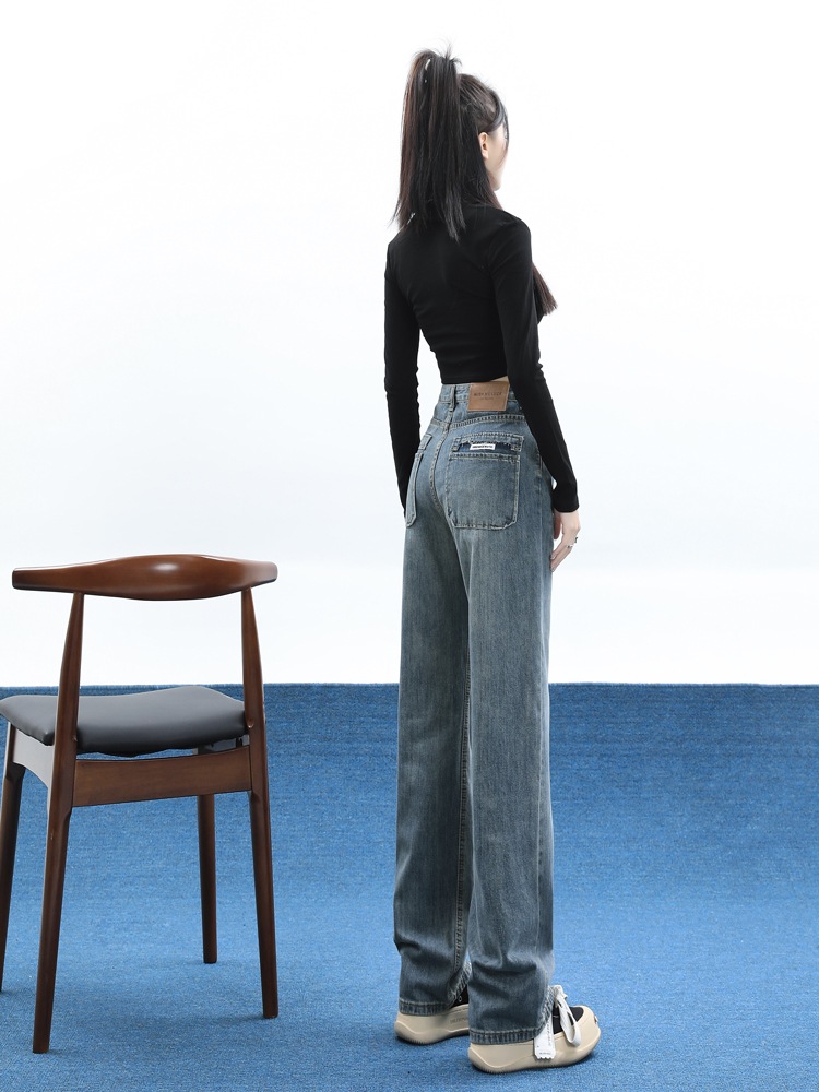 ハイウエストワイドジーンズ女性秋の新しい緩い狭いバージョンのレトロなアメリカンスタイルの細いストレートドラッグパンツ