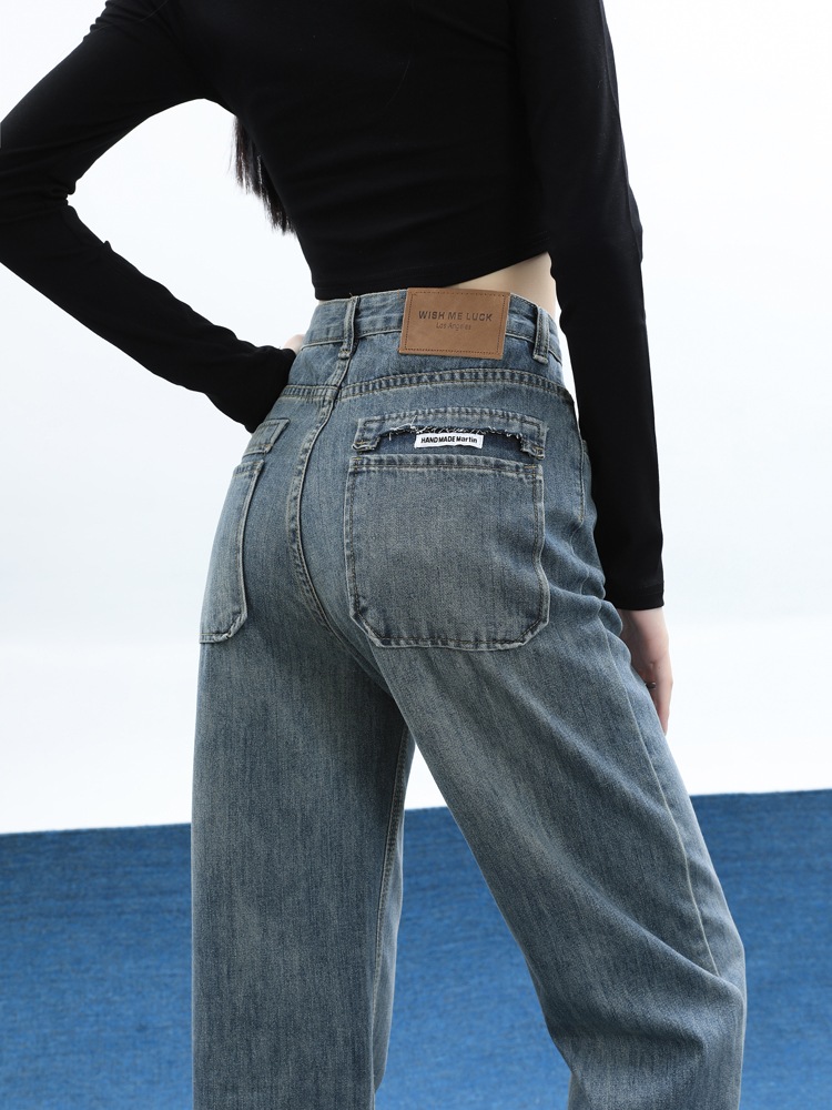 ハイウエストワイドジーンズ女性秋の新しい緩い狭いバージョンのレトロなアメリカンスタイルの細いストレートドラッグパンツ