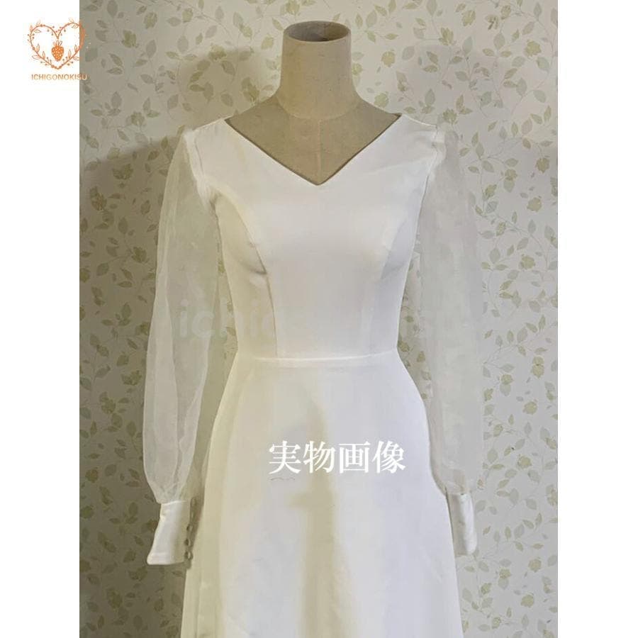 ウェディングドレス wedding dress ライトドレス 花嫁ドレス 長袖 スレンダーライン 二次会ドレス ワンピース ロング 白 花嫁 前撮り 披露宴 結婚式 海外挙式